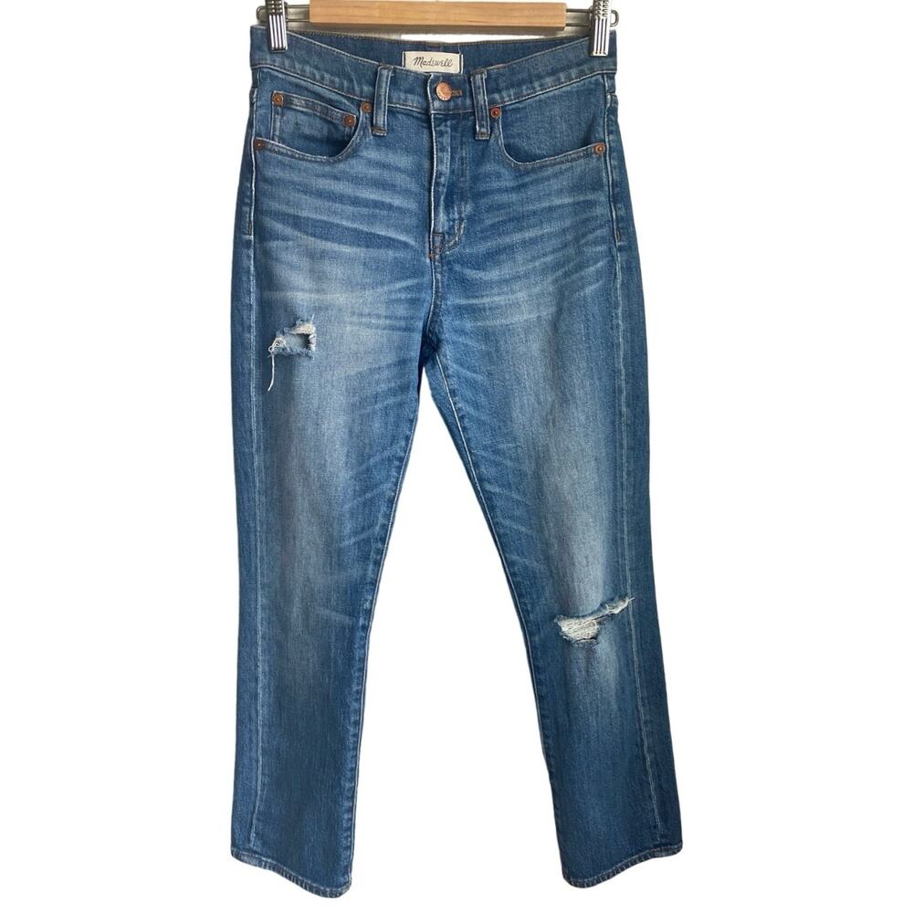 MADEWELL Straight Crop High Rise Whiskered‎ Distressed Jeans Roger Wash Size 25